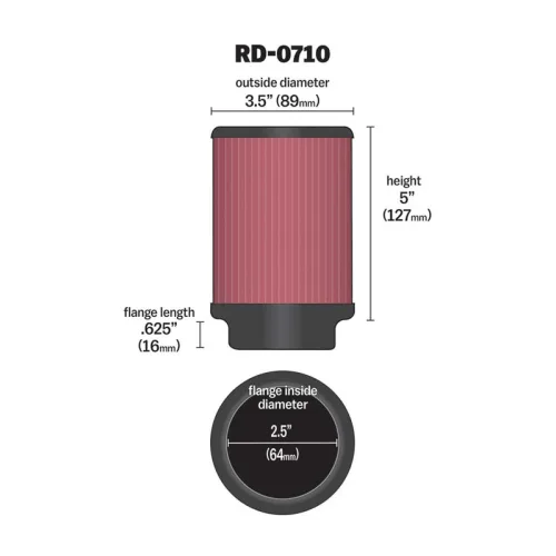 K&N Pod Filter 2.5" INLET x 5" LONG RD-0710