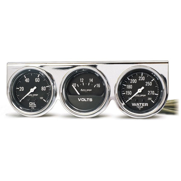 AUTOGAUGE GAUGE CONSOLE, OILP/WTMP/VOLT, 2-5/8", 100 PSI/280 °F/16V, BLK DIAL, CHROME BZL 2399