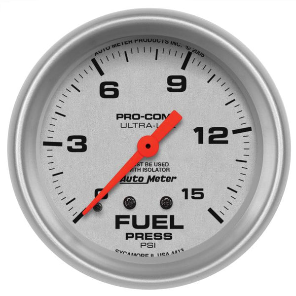 AUTOMETER 2-5/8" FUEL PRESSURE W/ ISOLATOR, 0-15 PSI, MECHANICAL, ULTRA-LITE 4413