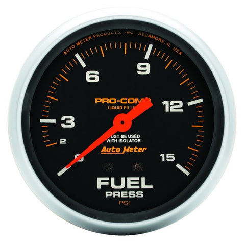 AUTOMETER 2-5/8" FUEL PRESSURE W/ ISOLATOR, 0-15 PSI, MECHANICAL, LIQUID FILLED, PRO-COMP 5413