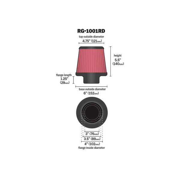 K & N UNIVERSAL FLANGE AIR FILTER 6" LONG RG-1001RD
