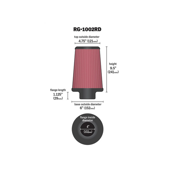 K & N 9.5" Universal Clamp-On Air Filter RG-1002RD